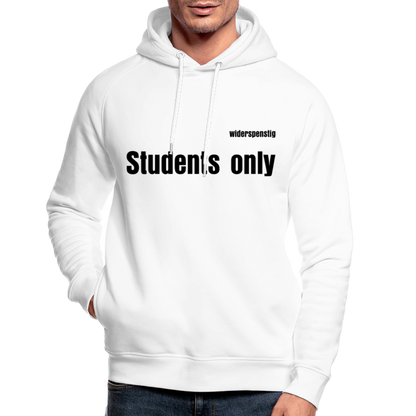 Männer Bio-Hoodie in Weiß mit dem Aufdruck 'widerspenstig Students only' für sportlichen Komfort.
